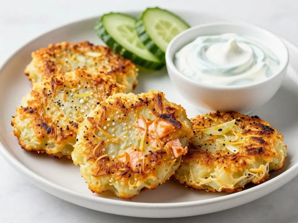 Baked salmon potato cakes with cucumber and yogurt Baked salmon potato cakes with cucumber and yogurt