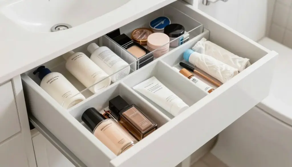 Bathroom drawer with makeup and products sorted for decluttering