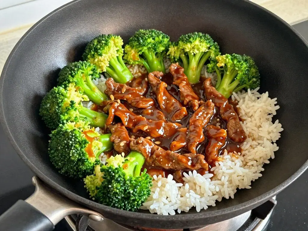 Beef and broccoli stir fry with rice