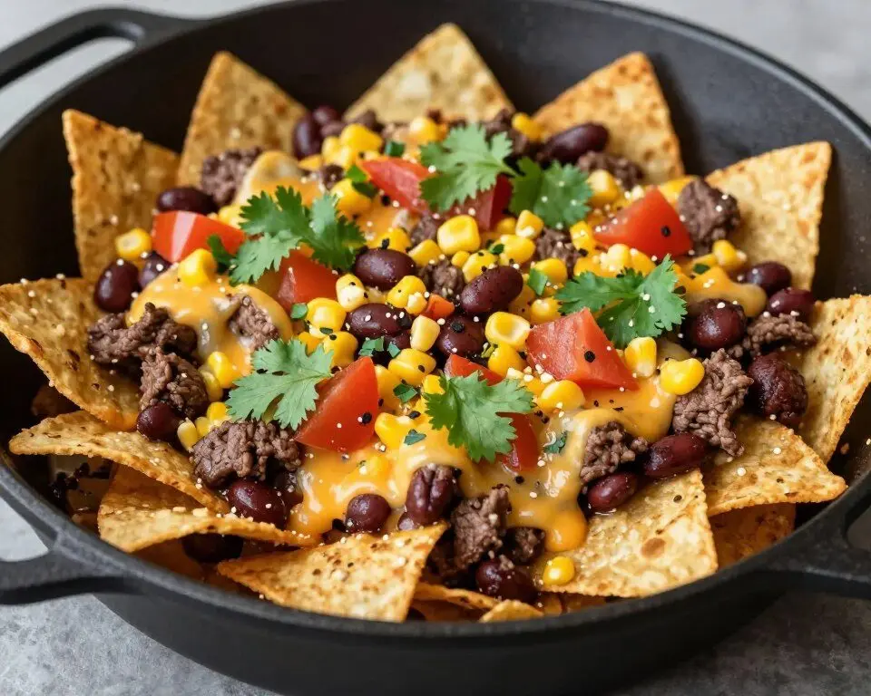 Beef and cheese nacho pot with corn and beans