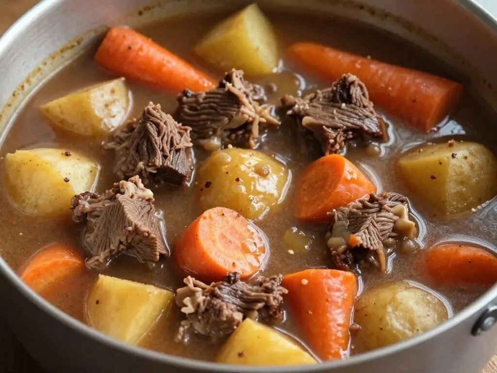 Beef and vegetable stew in a heavy pot