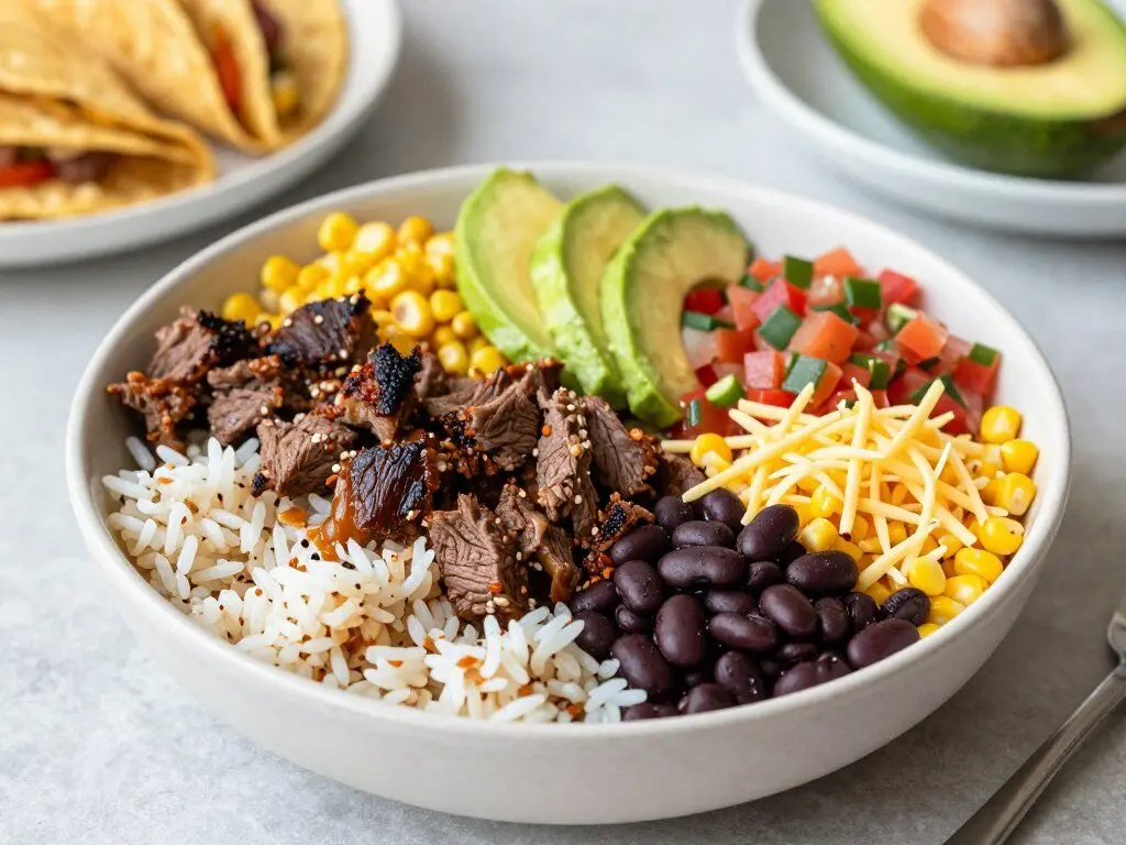 Beef taco bowl with rice beans corn and avocado
