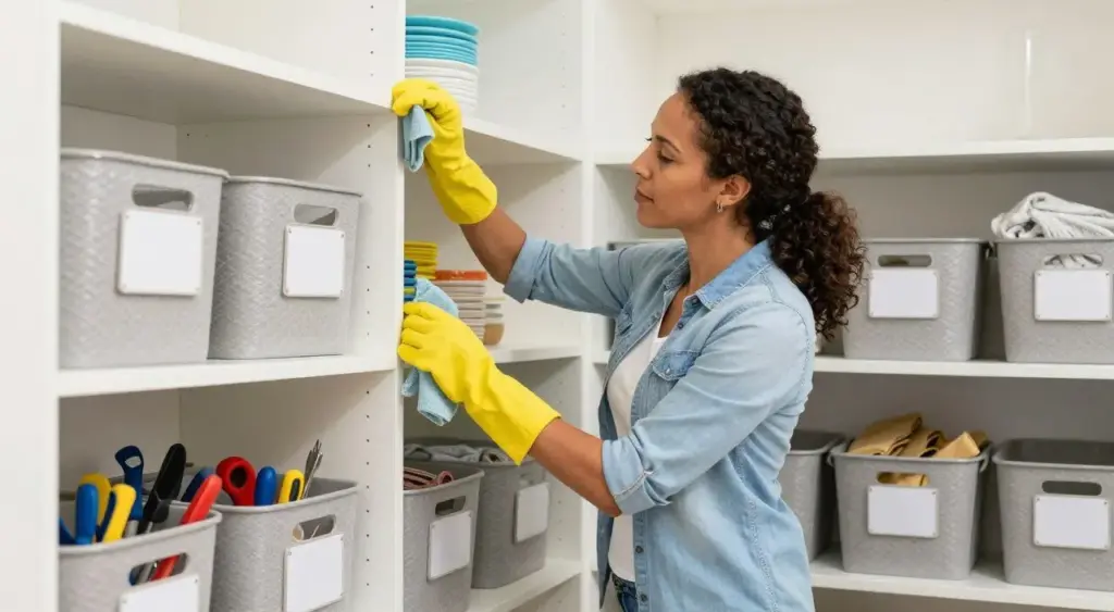 Busy mom organizing a tidy home as a local service side hustle