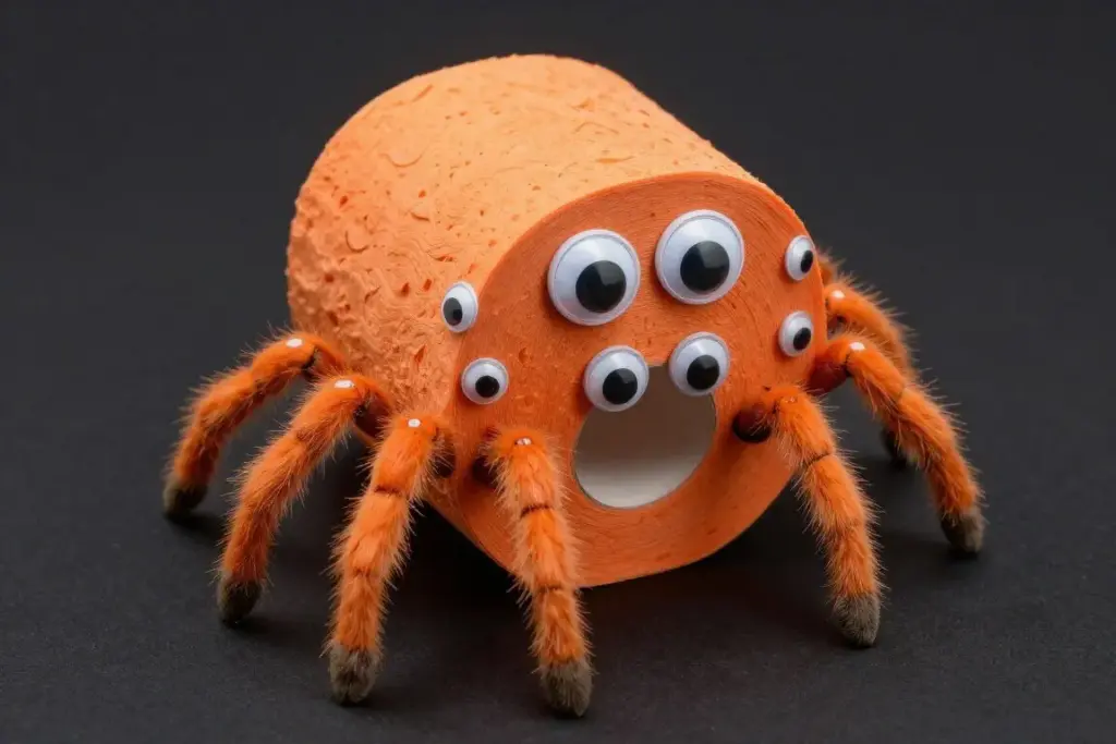 Cardboard tube spider with eight googly eyes of varying sizes Cardboard tube spider with eight googly eyes of varying sizes
