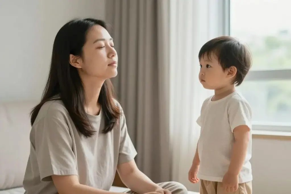 Caregiver taking a breath before guiding a child