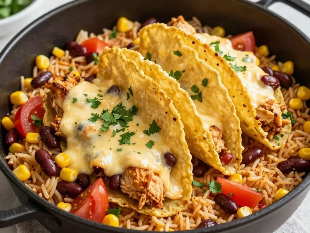 Cheesy chicken taco pot with rice and beans