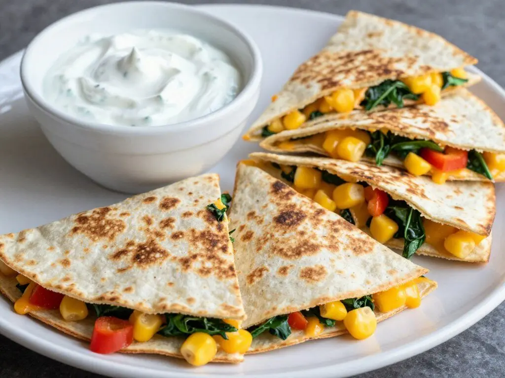 Cheesy vegetable quesadillas cut into triangles for kids Cheesy vegetable quesadillas cut into triangles for kids