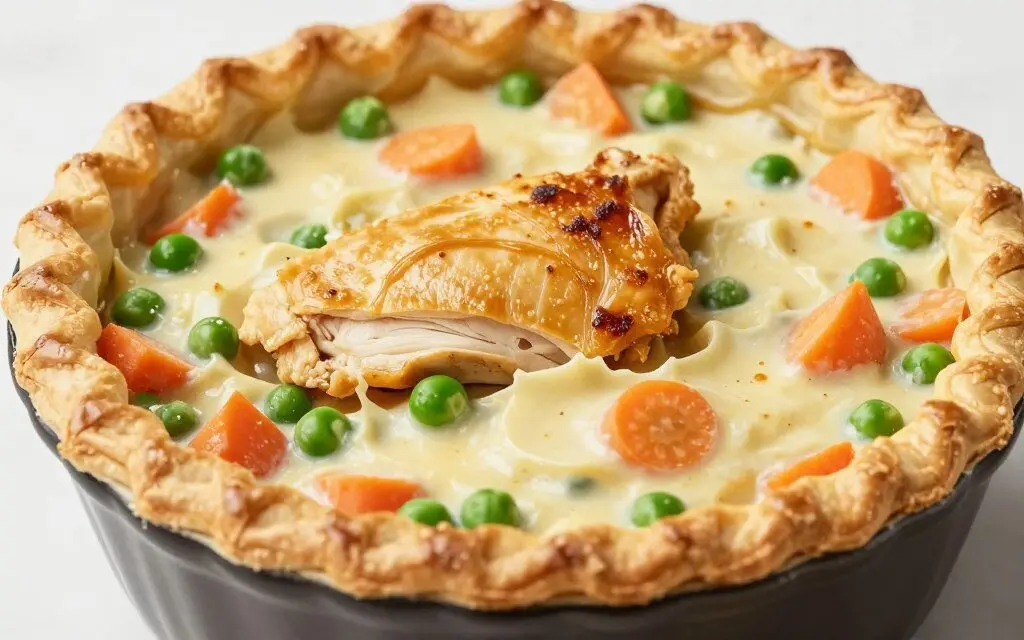 Chicken and vegetable pot pie with golden pastry