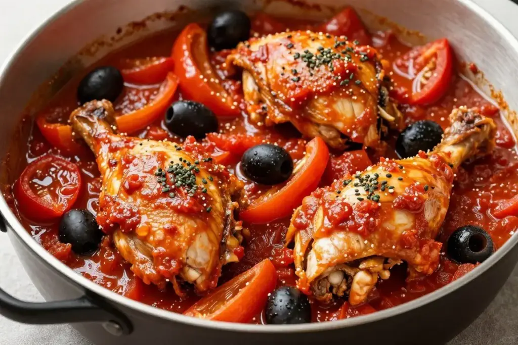 Chicken cacciatore with tomato sauce and olives