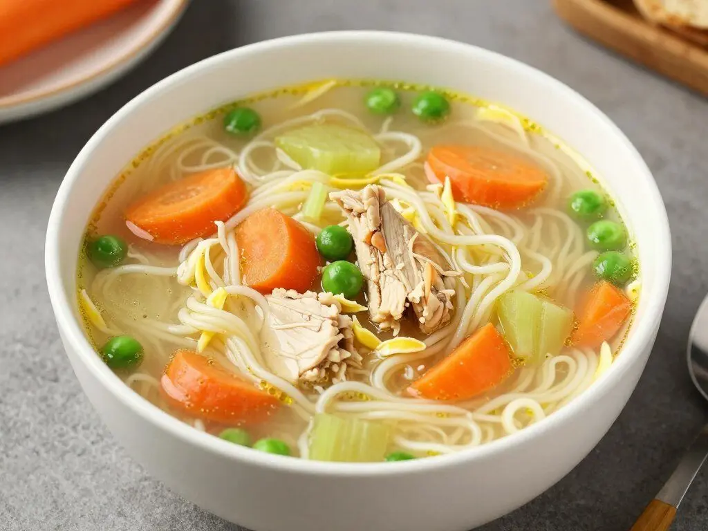 Chicken noodle soup with carrots celery and peas Chicken noodle soup with carrots celery and peas
