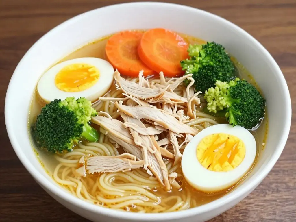 Chicken ramen with vegetables and a soft egg Chicken ramen with vegetables and a soft egg