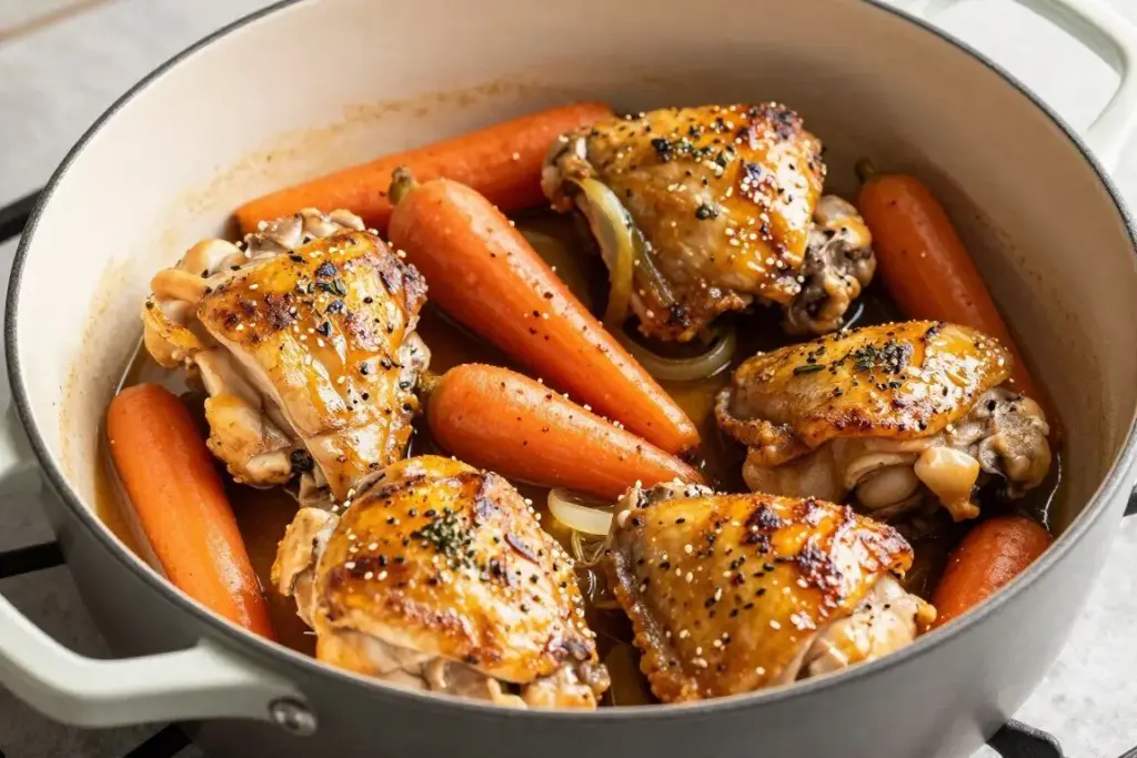 Chicken thighs cooking with vegetables in one pot