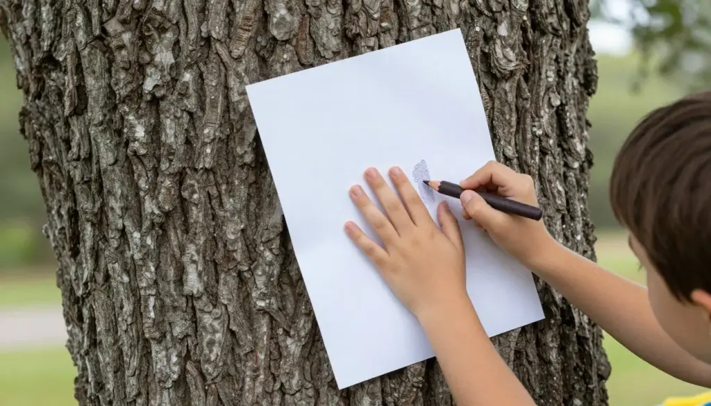 Child holding paper against tree trunk making a crayon bark rubbing