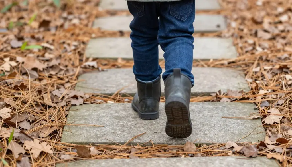 Child walking along an outdoor sensory path made of leaves and wood chips
