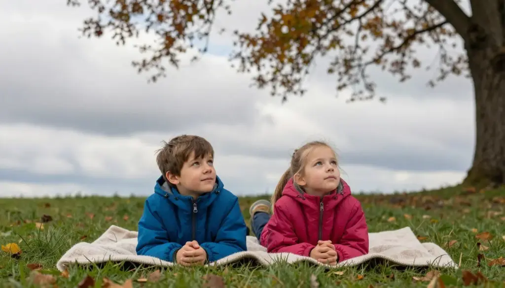 Children lying on a blanket on the grass looking up at the sky