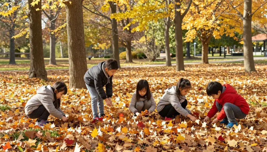 Children outdoors in autumn woodland gathering colourful fallen leaves