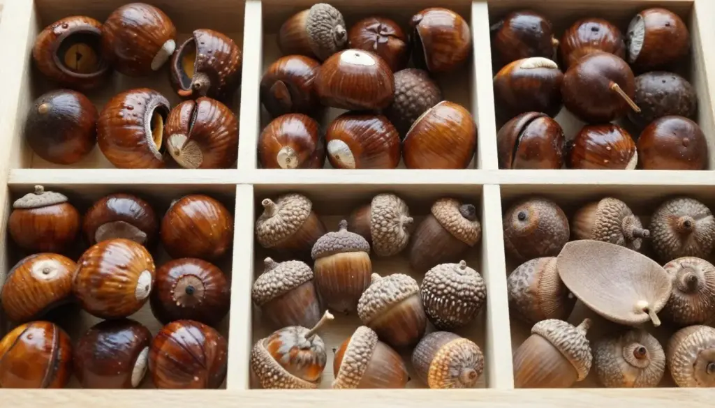 Collection of conkers, acorns, and sycamore seeds arranged by category on wood