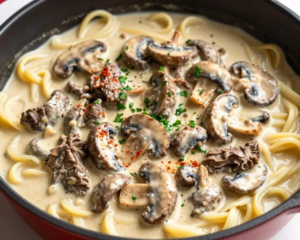 Creamy beef stroganoff with mushrooms
