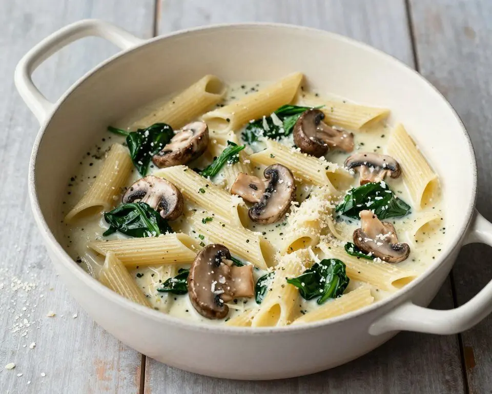 Creamy mushroom spinach penne pasta