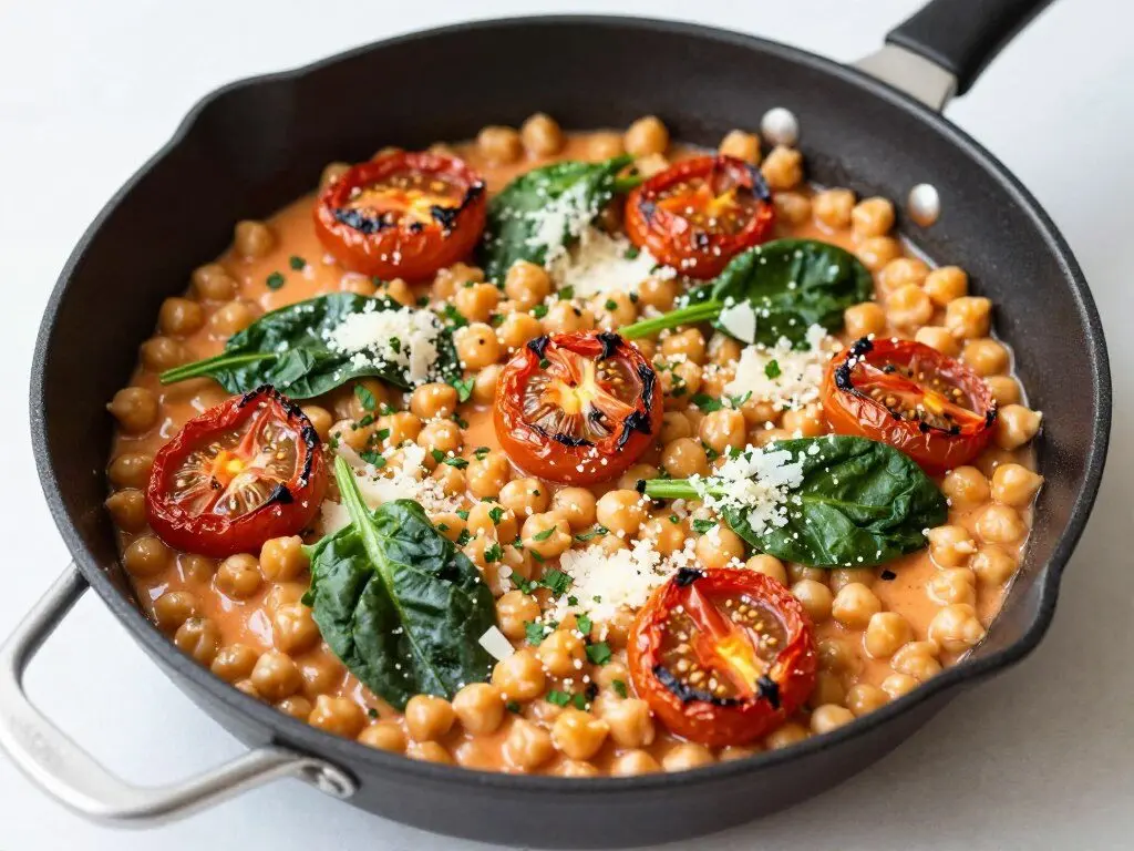 Creamy tomato chickpea pasta with spinach