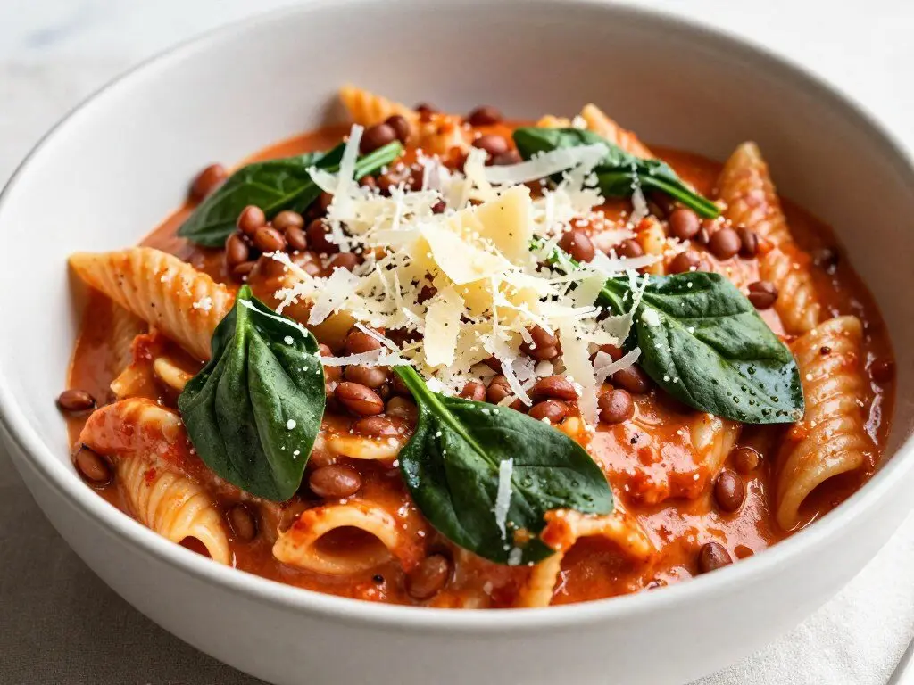 Creamy tomato lentil pasta with spinach for a family dinner Creamy tomato lentil pasta with spinach for a family dinner