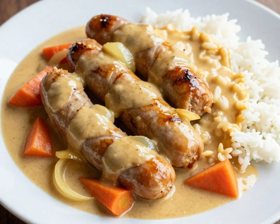 Curried sausages with vegetables and rice