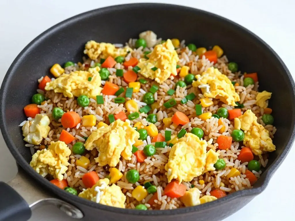 Egg and vegetable fried rice with peas and carrots Egg and vegetable fried rice with peas and carrots