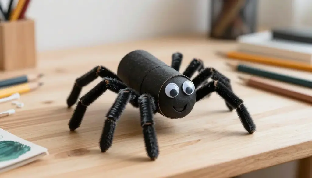 Finished DIY Toilet Paper Roll Spider Craft for Kids standing on a craft table Finished DIY Toilet Paper Roll Spider Craft for Kids standing on a craft table