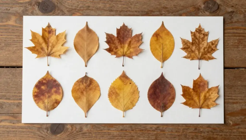 Flat pressed autumn leaves arranged in botanical collage on a wooden table