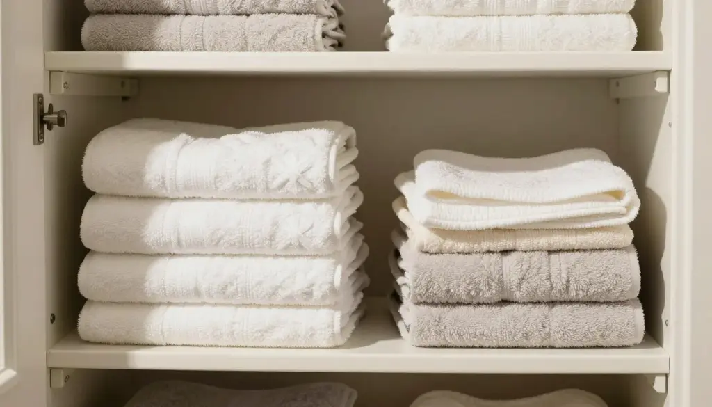 Folded towels sorted by size in a bathroom linen closet