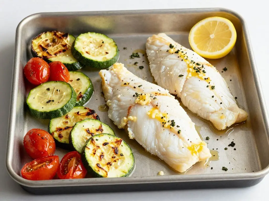 Garlic butter white fish with vegetables