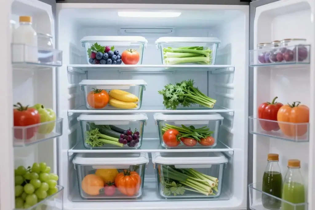 Glass airtight containers holding cooked grains and fresh salad leaves arranged inside a clean refrigerator