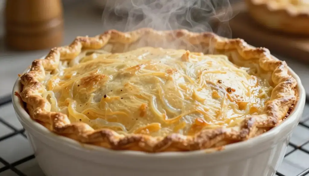 Golden pot pie baked in a deep oven-safe pot