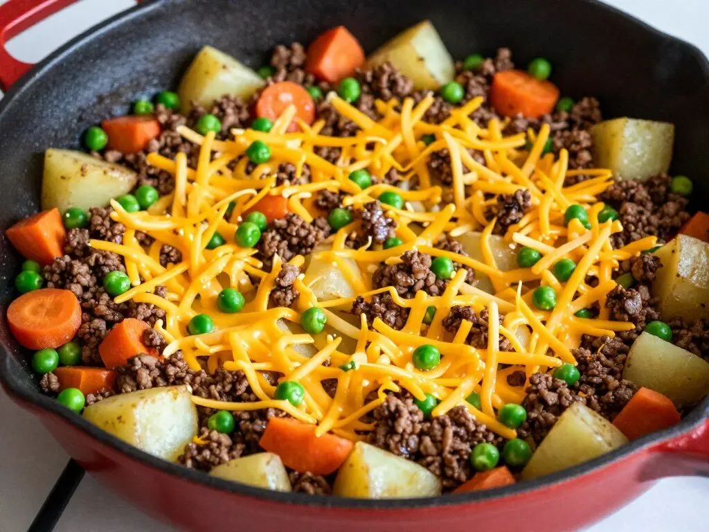 Ground beef and potato skillet with peas and carrots Ground beef and potato skillet with peas and carrots