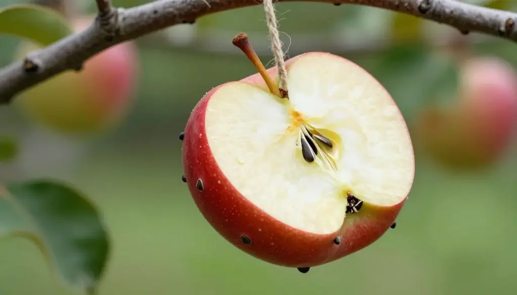 Halved apple studded with sunflower seeds hanging from garden branch