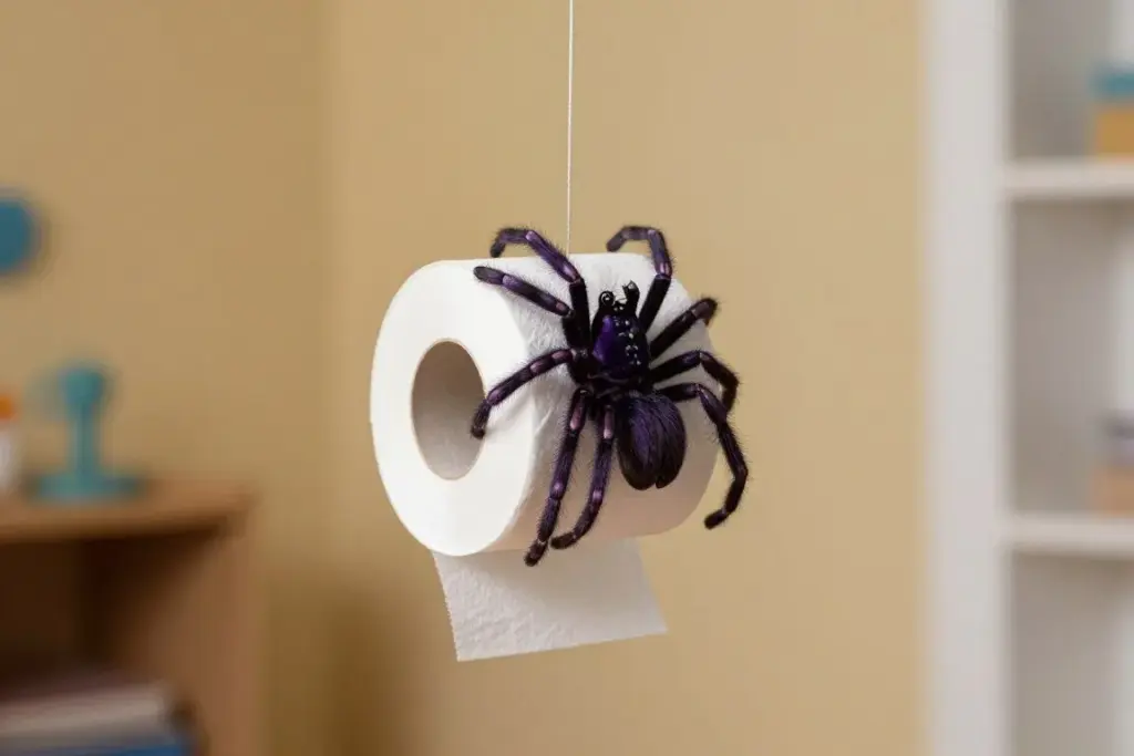 Hanging toilet paper roll spider dangling from a black cord Hanging toilet paper roll spider dangling from a black cord