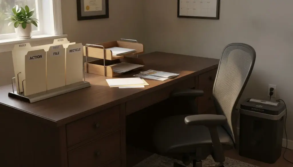 Home office paper sorting station with labeled folders