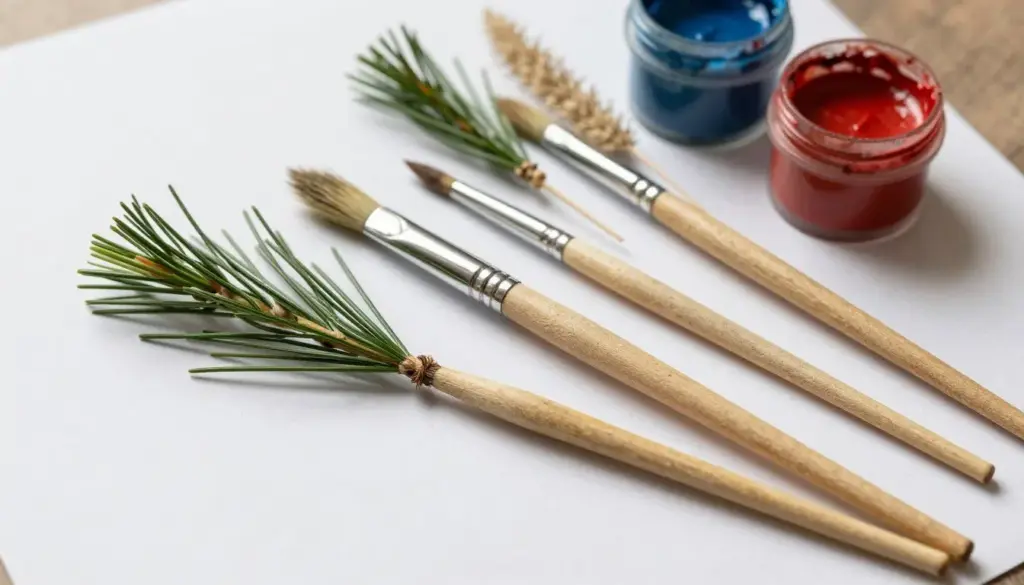 Homemade paintbrushes made from twigs and dried pine needles dipping into paint