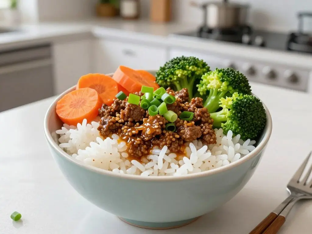 Honey garlic beef rice bowl with vegetables