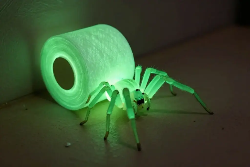 Luminescent glowing cardboard spider under dim evening light Luminescent glowing cardboard spider under dim evening light