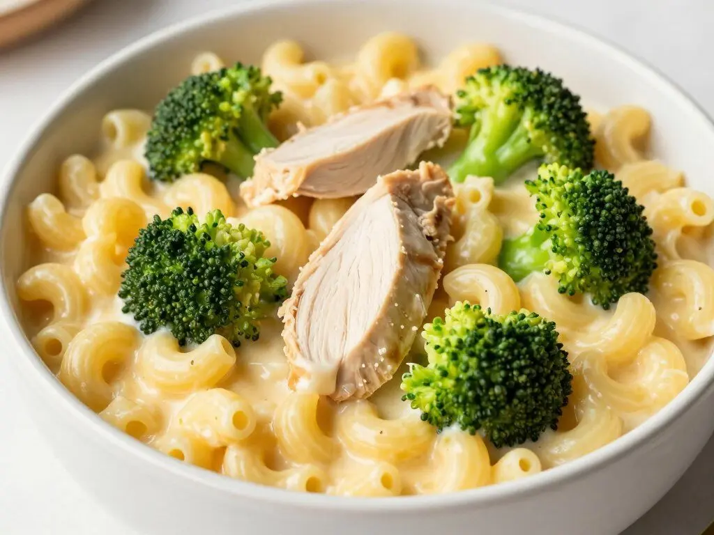 Mac and cheese with broccoli and chicken pieces Mac and cheese with broccoli and chicken pieces
