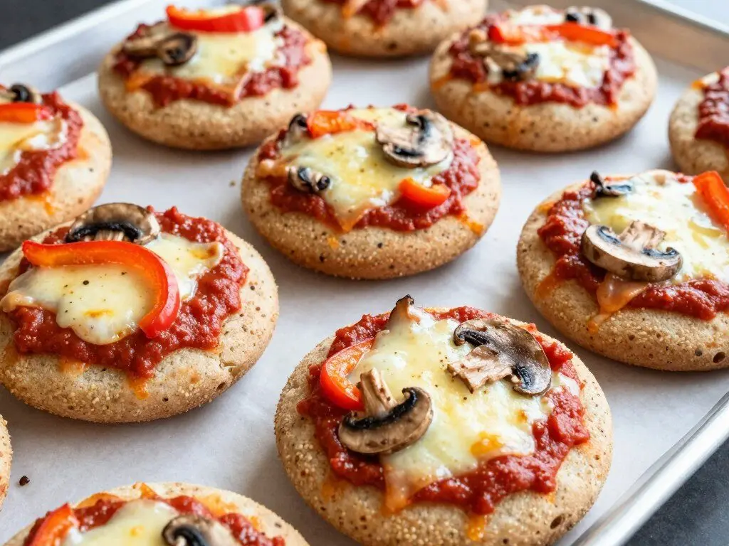 Mini whole-grain English muffin pizzas with vegetables Mini whole-grain English muffin pizzas with vegetables