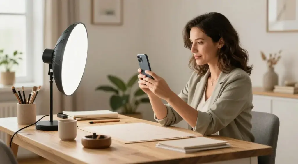 Mom photographing a small product setup for a side hustle