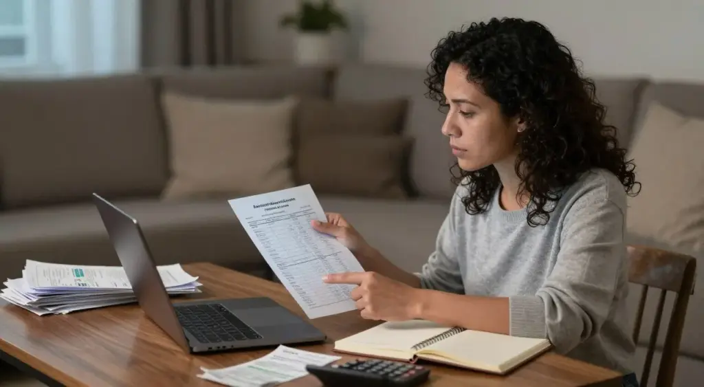 Mom reviewing side hustle income and expenses at home
