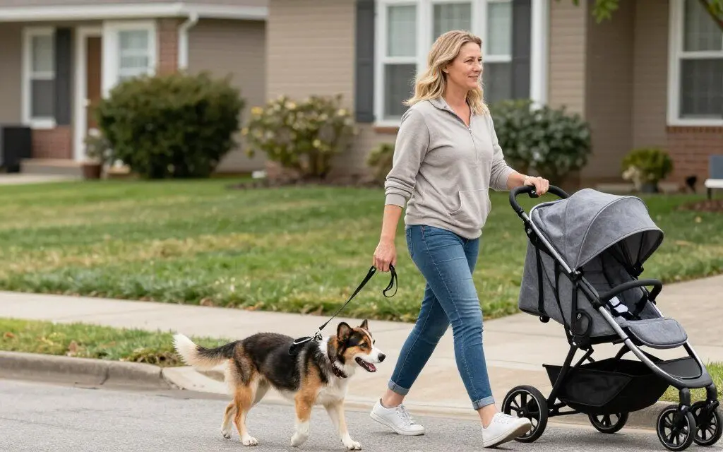 Mother walking a dog during a flexible local side hustle