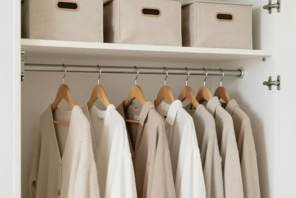 Neatly hung shirts and knitwear on wooden hangers in an open, airy wardrobe closet
