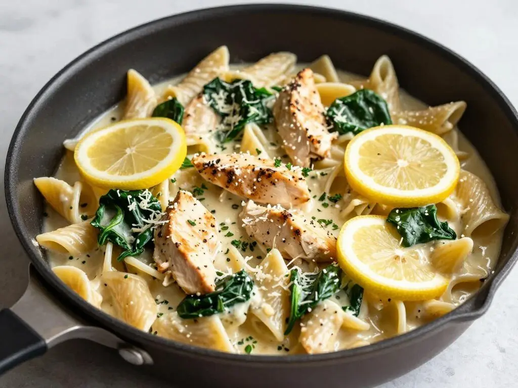 One pan lemon chicken pasta with spinach