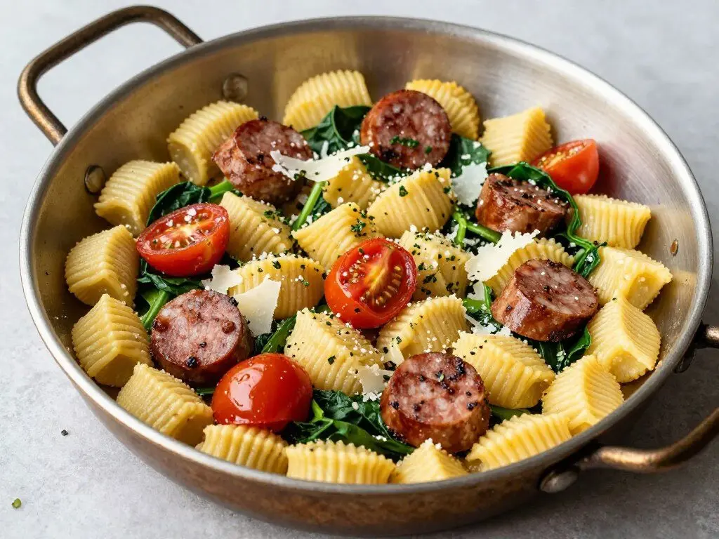 One pan sausage gnocchi with tomatoes and spinach