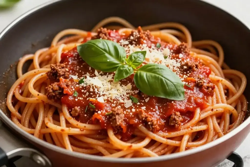 One pot spaghetti bolognaise with basil