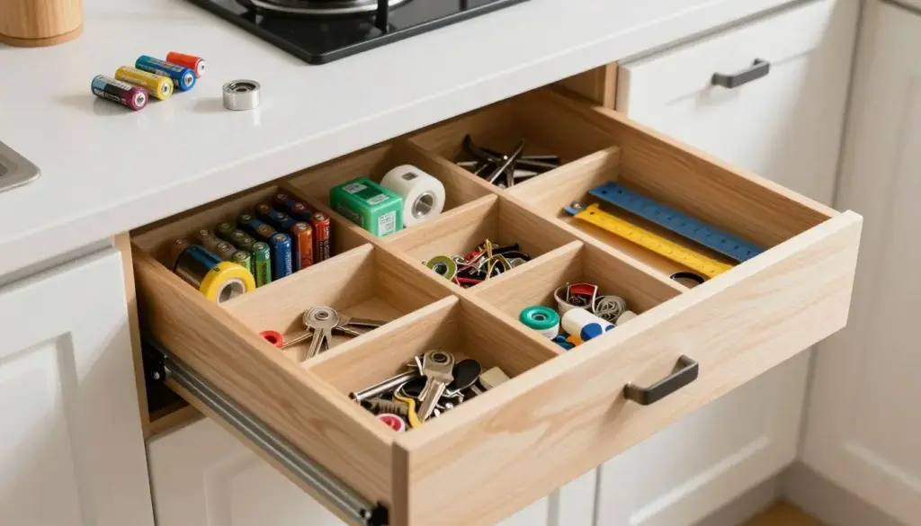 Organized junk drawer with separated household items